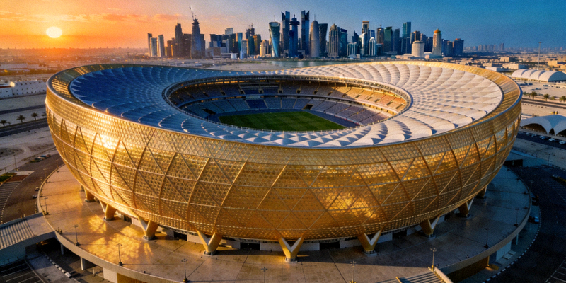 卢赛尔体育场外观全景 - 金色碗状结构的世界杯决赛场馆